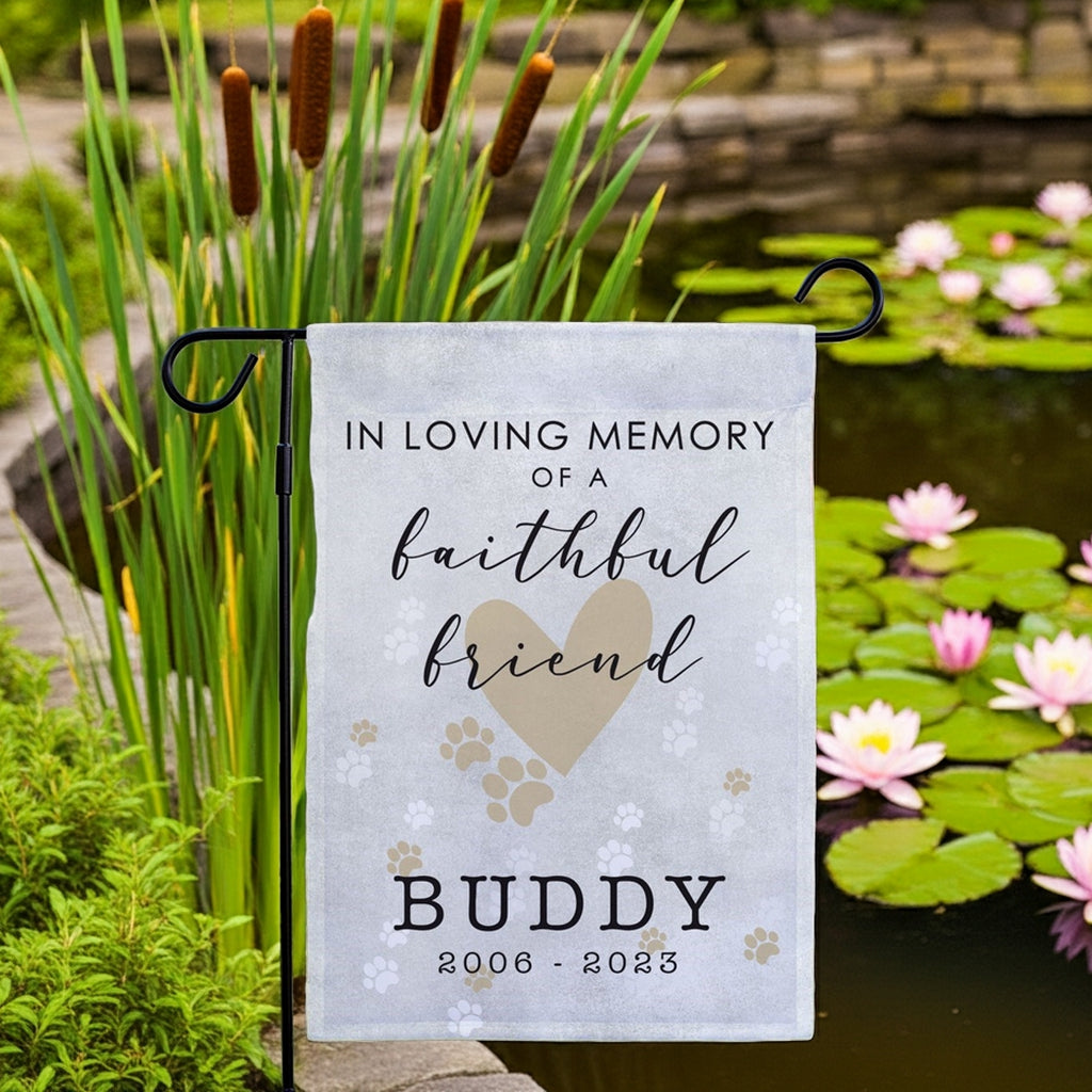faithful friend in loving memory pet memorial garden flag with heart and paw prints