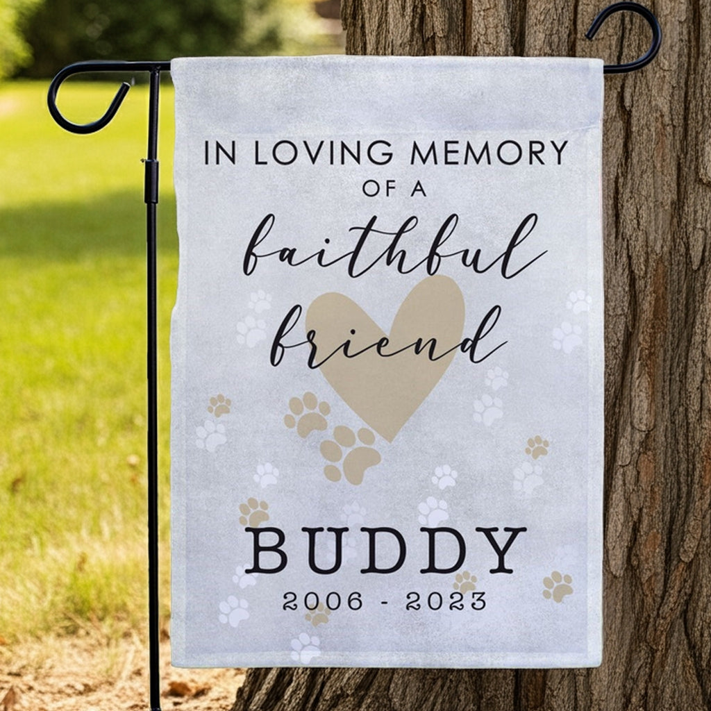 Faithful friend in loving memory pet memorial garden flag with heart and paw prints