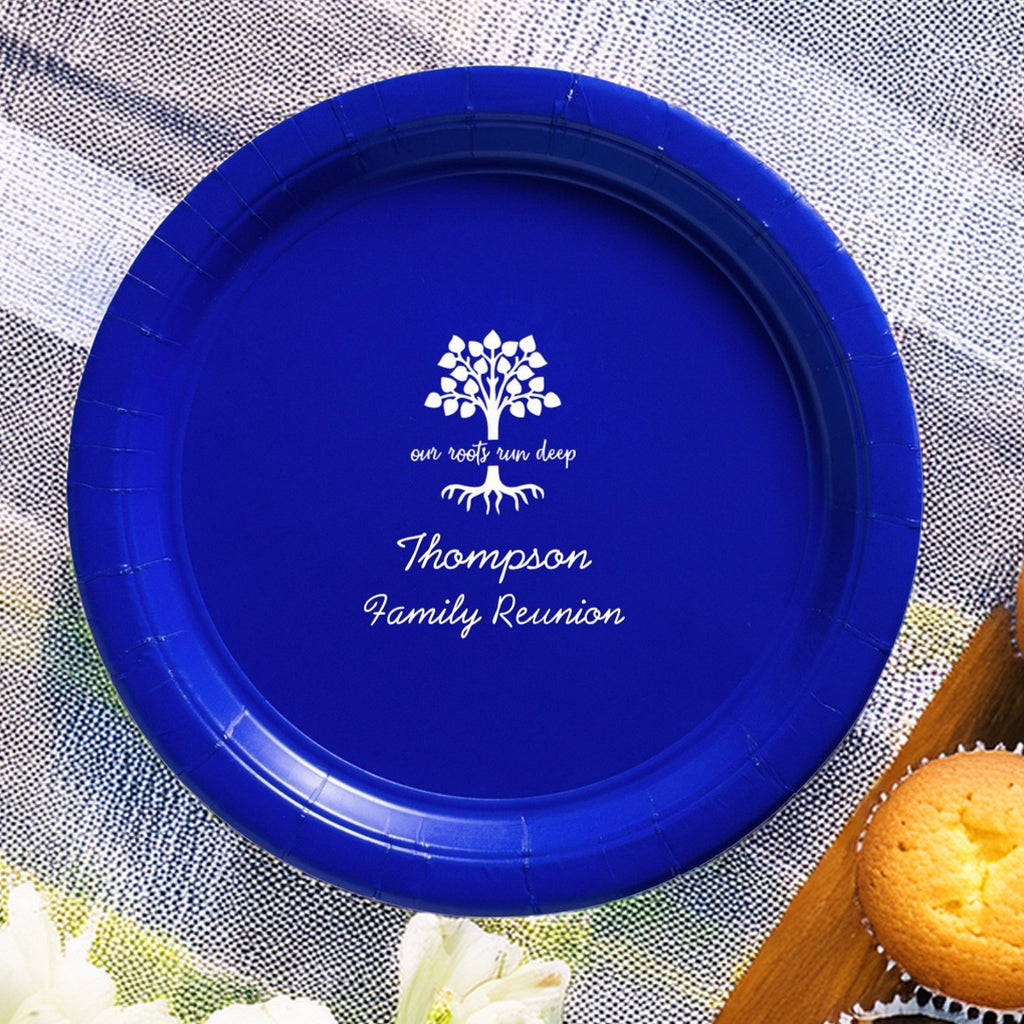 Blue family reunion customized paper plates with tree design and personalized family name Thompson