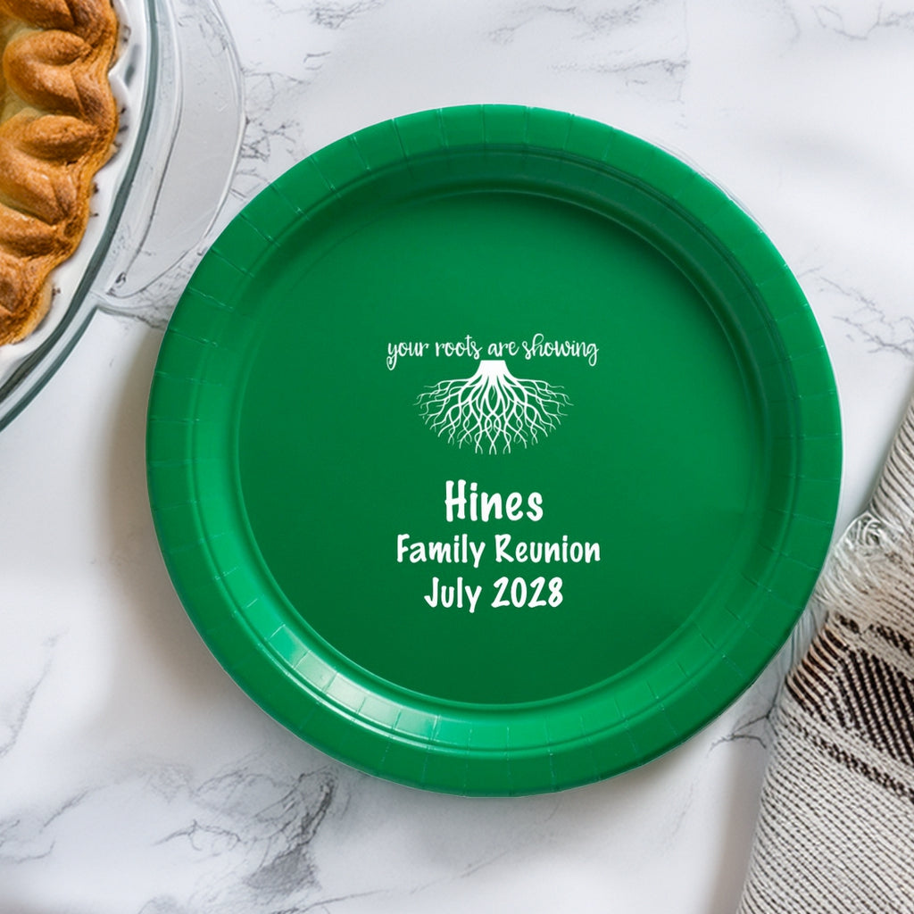 Green family reunion customized paper plates with tree root design and personalized text for Hines Family Reunion July 2028