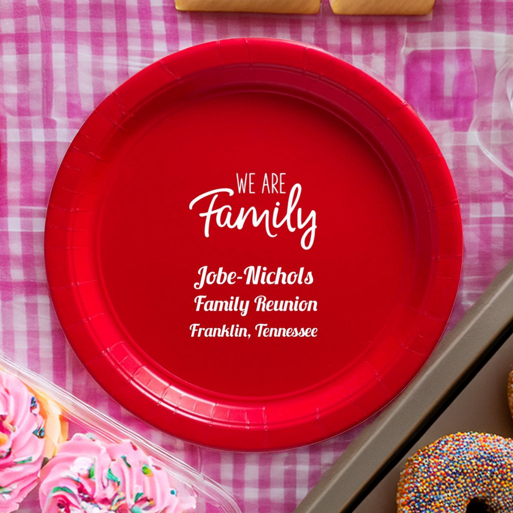 Red family reunion customized paper plates with white text for Jobe-Nichols family reunion in Franklin Tennessee