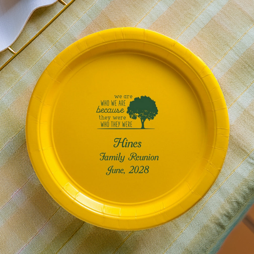 Tippytoad family reunion customized paper plates in yellow with green tree and personalized text for June 2028