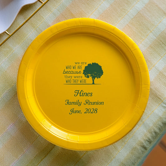 Tippytoad family reunion customized paper plates in yellow with green tree and personalized text for June 2028