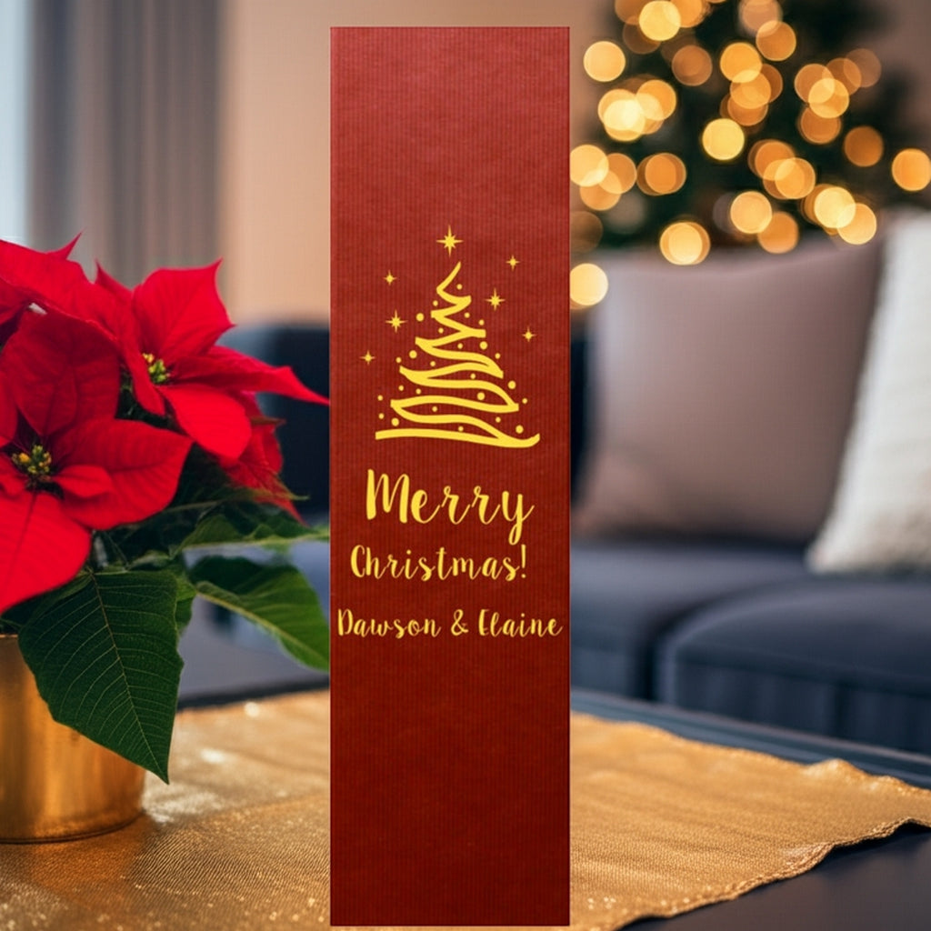 Red wine bottle bag with gold foil tree and names Merry Christmas foil stamped personalized Christmas wine bottle gift boxes