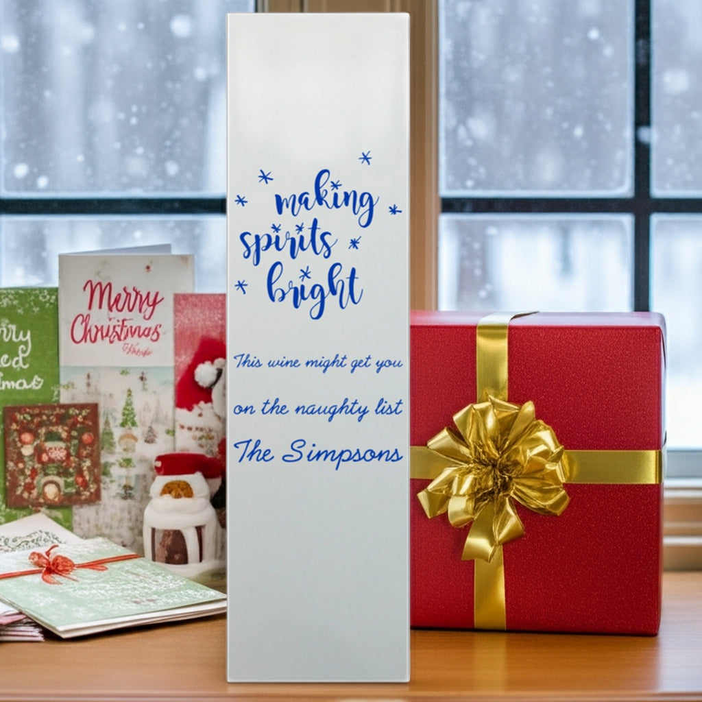 Tippytoad foil stamped personalized Christmas wine bottle gift boxes white tall bag with blue holiday script and gold gift