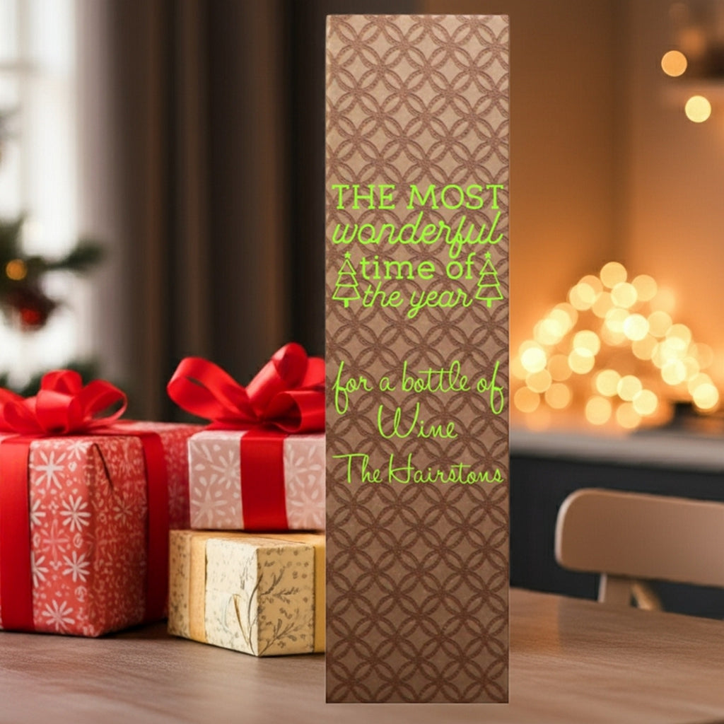 Foil stamped personalized quilted christmas wine bottle gift boxes brown single bottle box with green foil script message