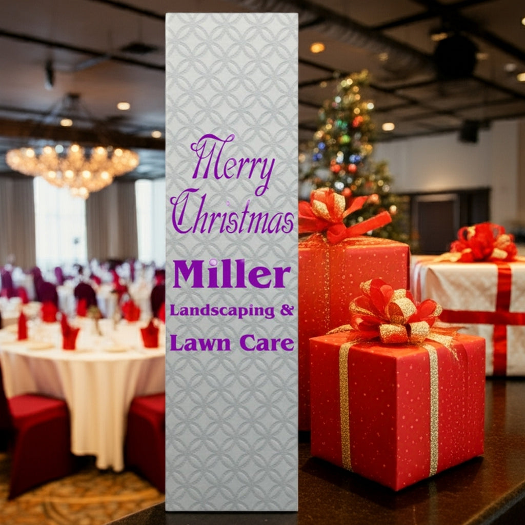 Foil stamped personalized quilted christmas wine bottle gift boxes silver box with purple Miller holiday text beside red gifts