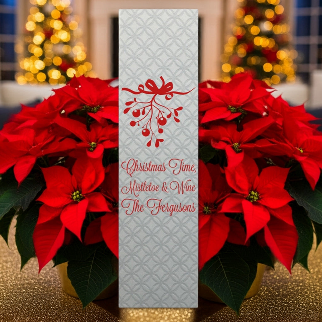 Silver quilted wine box with red mistletoe script foil stamped personalized quilted christmas wine bottle gift boxes