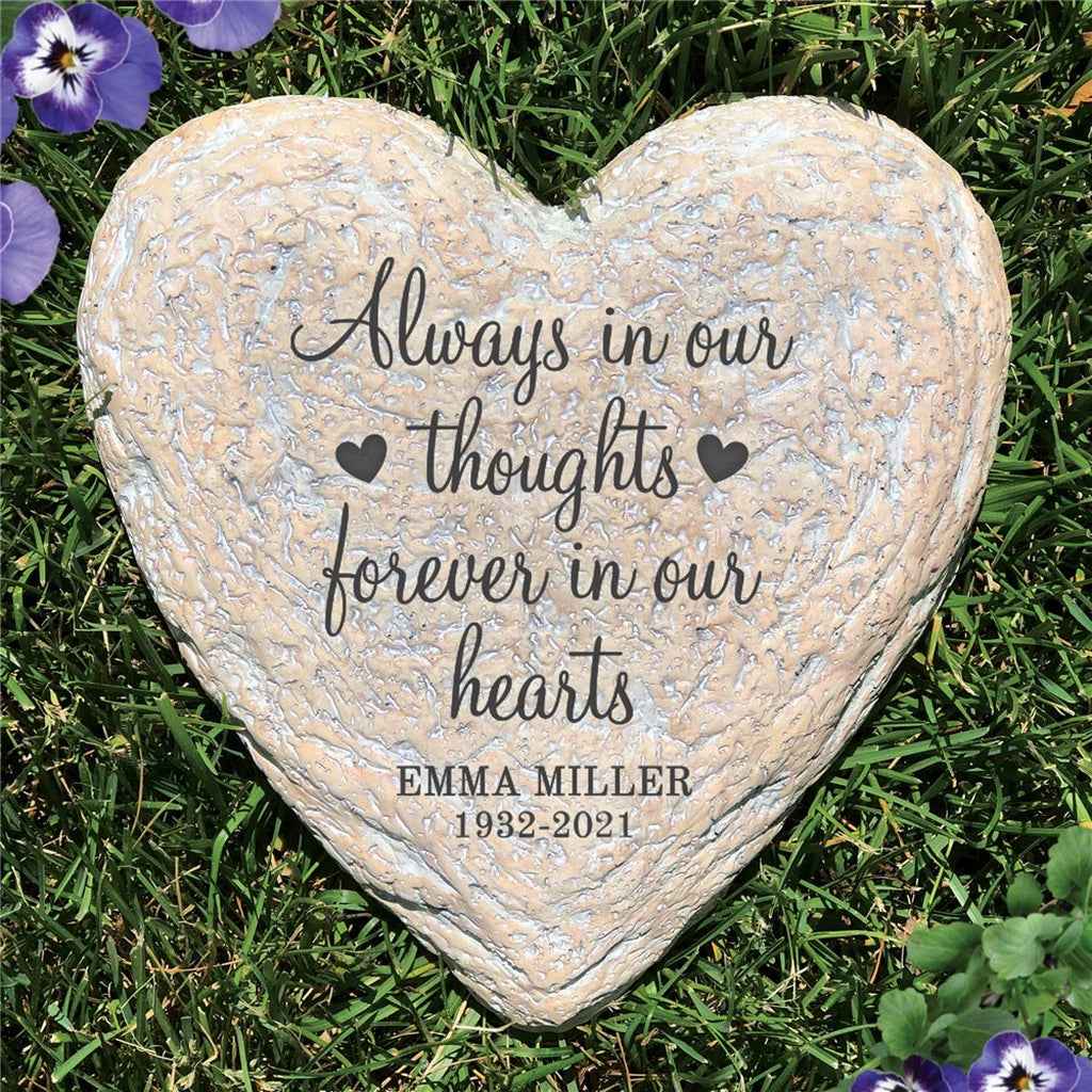 Forever in our hearts personalized heart garden stone with custom memorial text