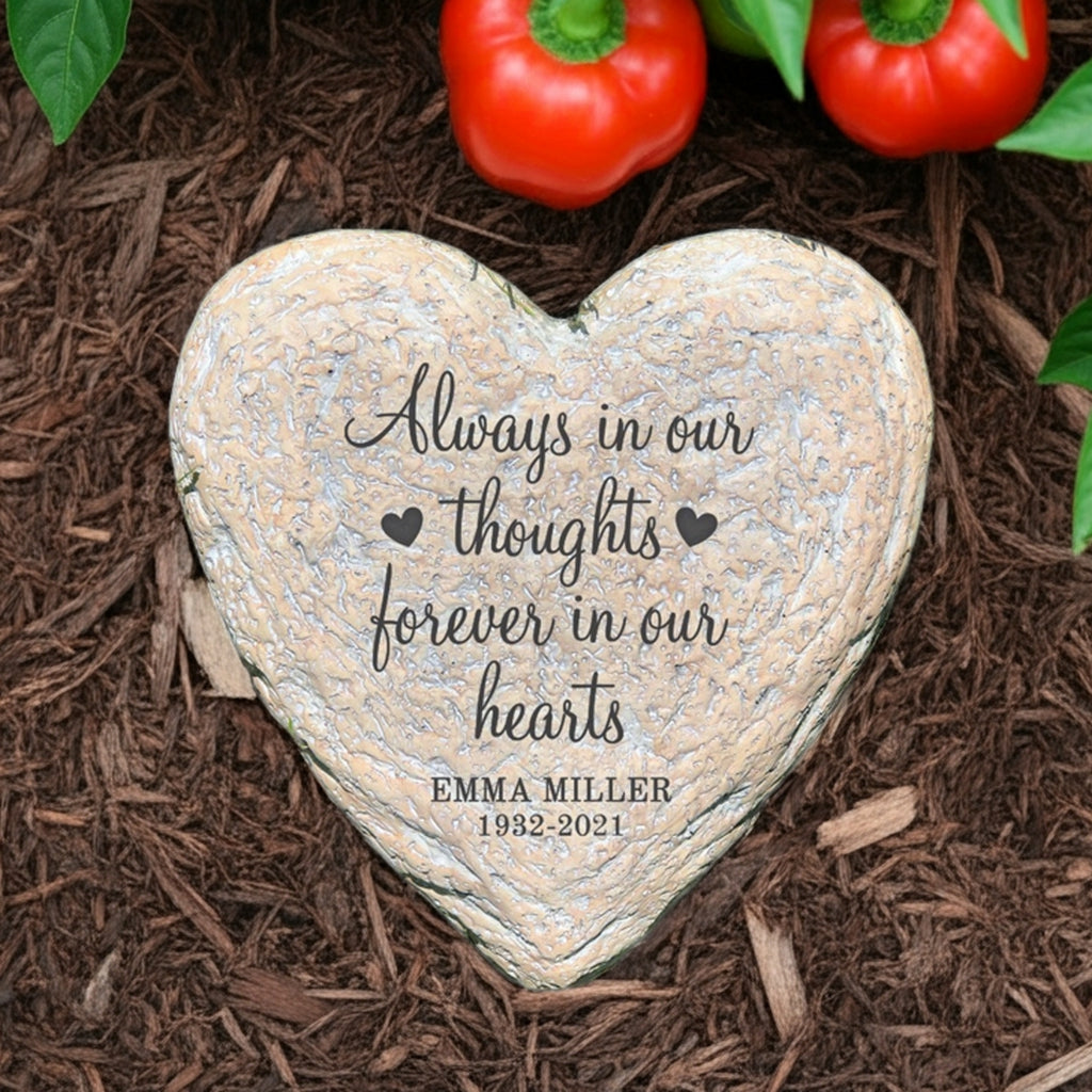 Forever in our hearts personalized heart garden stone with custom memorial engraving