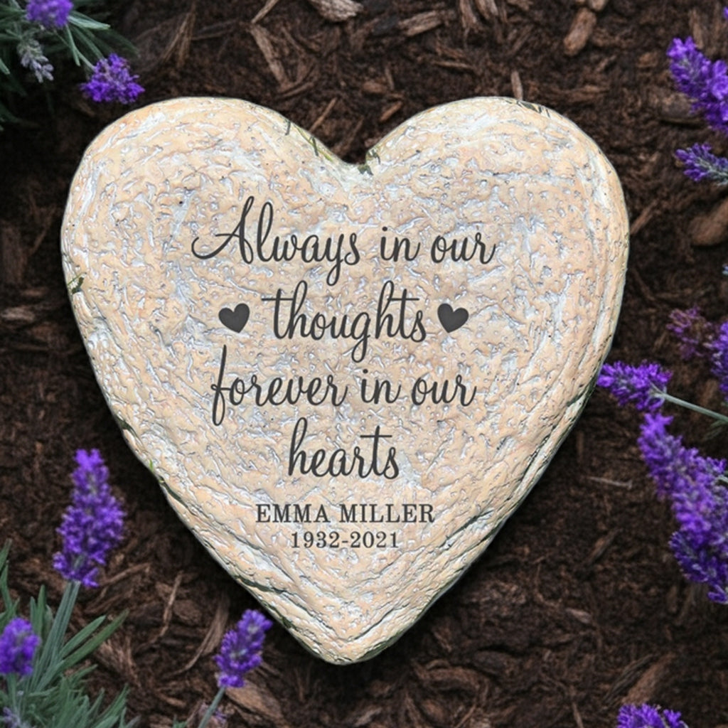 Personalized heart garden stone engraved with Forever in our hearts memorial name and dates