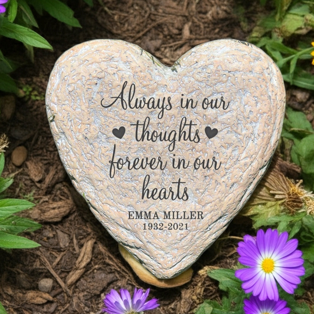 Forever in our hearts personalized heart garden stone with memorial engraving