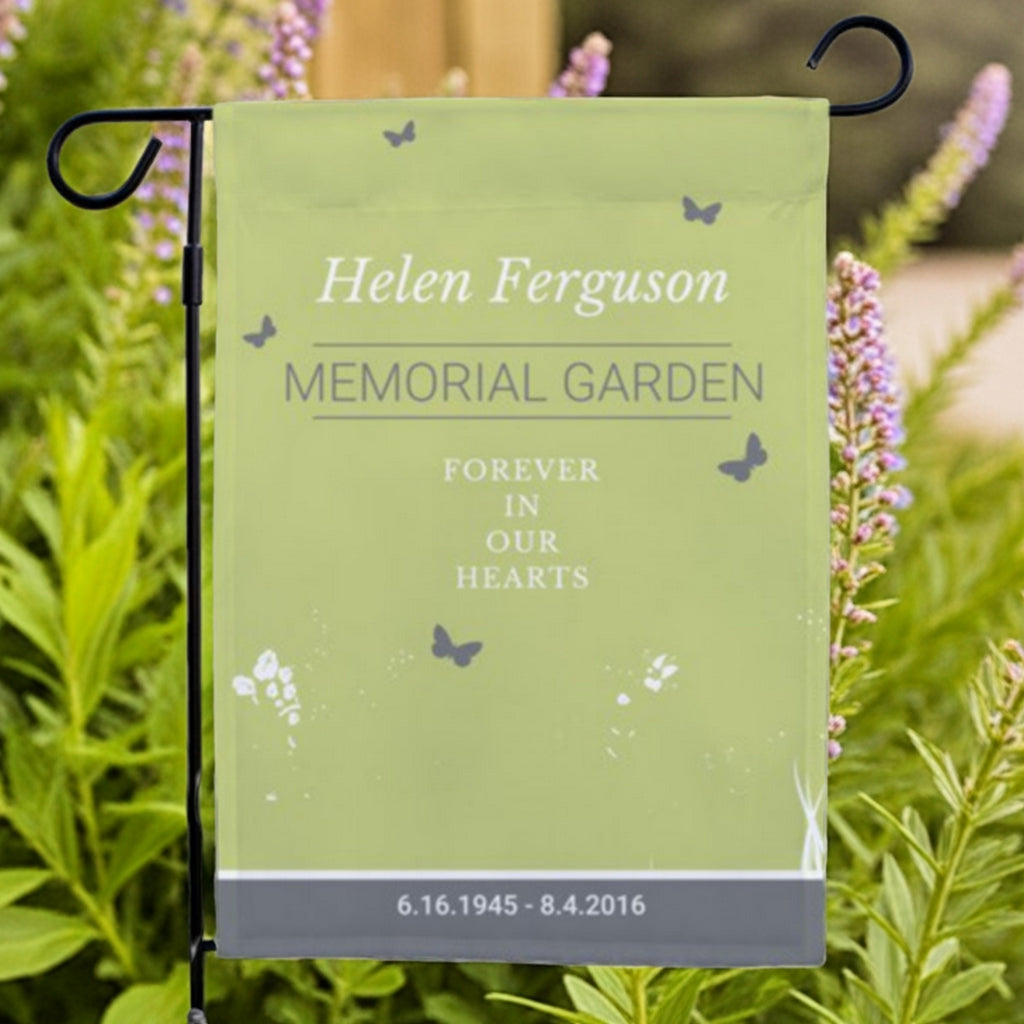 Forever in our hearts memorial garden flag personalized with name and dates