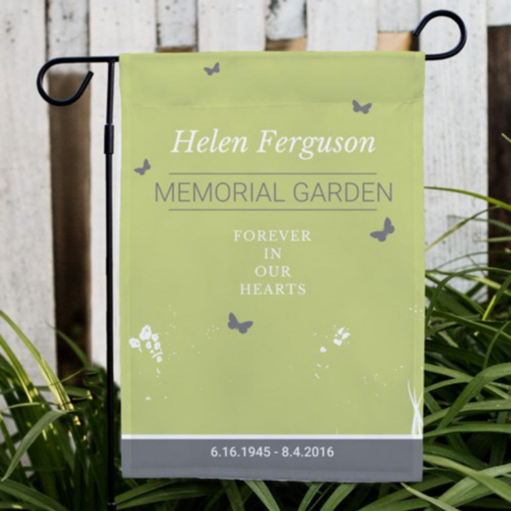 Forever in our hearts personalized memorial garden flag with name and dates