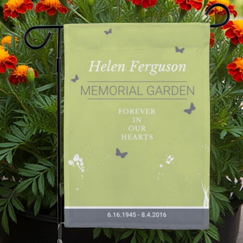 Forever in our hearts personalized memorial garden flag with name and dates displayed on light green background