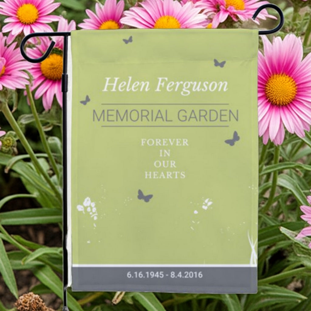 Forever in our hearts personalized memorial garden flag with name Helen Ferguson and dates
