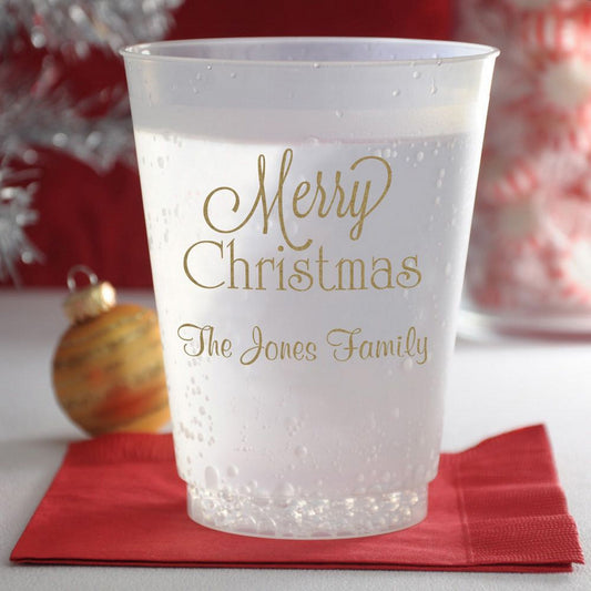 Frosted plastic Christmas party cups featuring Merry Christmas design for festive gatherings