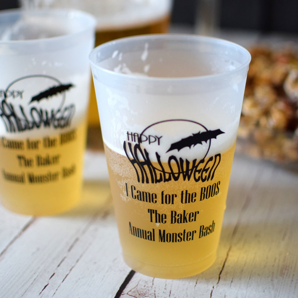 Personalized Halloween cups with spooky bat and moon design and custom text