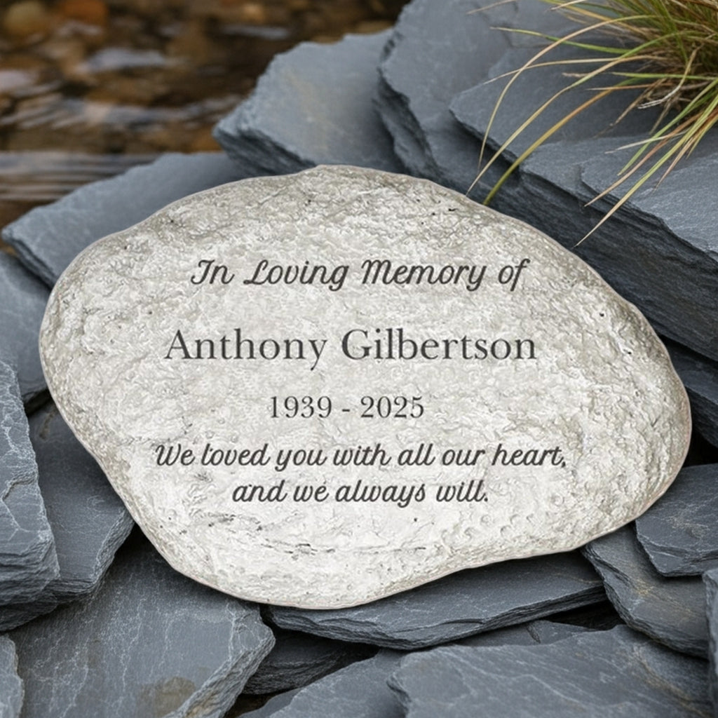 In loving memory personalized memorial garden stone with engraved tribute for Anthony Gilbertson