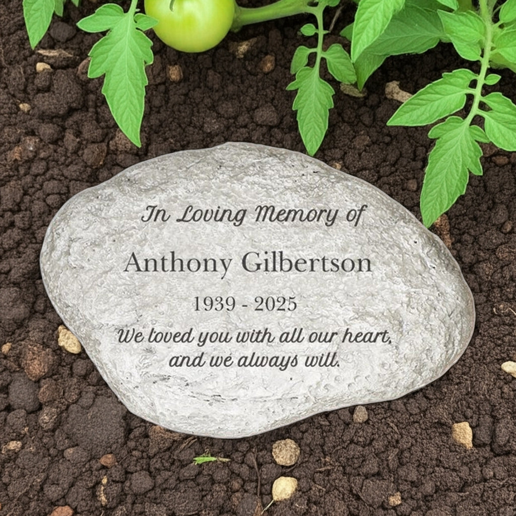 In loving memory personalized memorial garden stone with custom engraved text in a garden setting