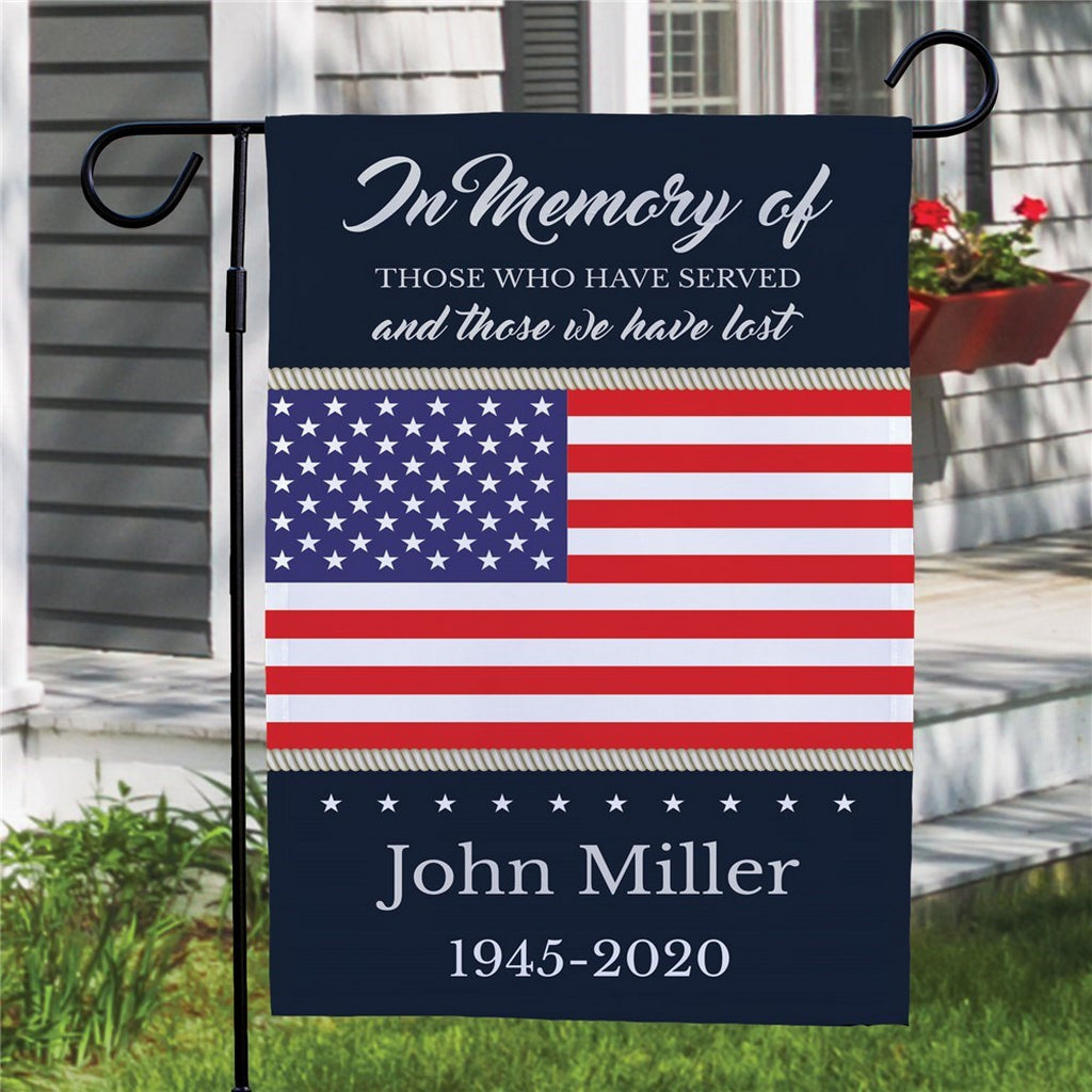 Patriotic personalized garden flag with American flag and memorial text