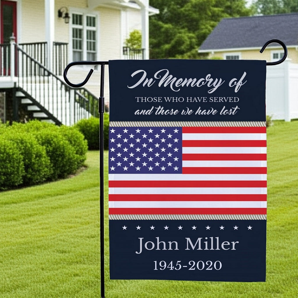 Patriotic personalized garden flag with American flag and memorial text for John Miller 1945-2020