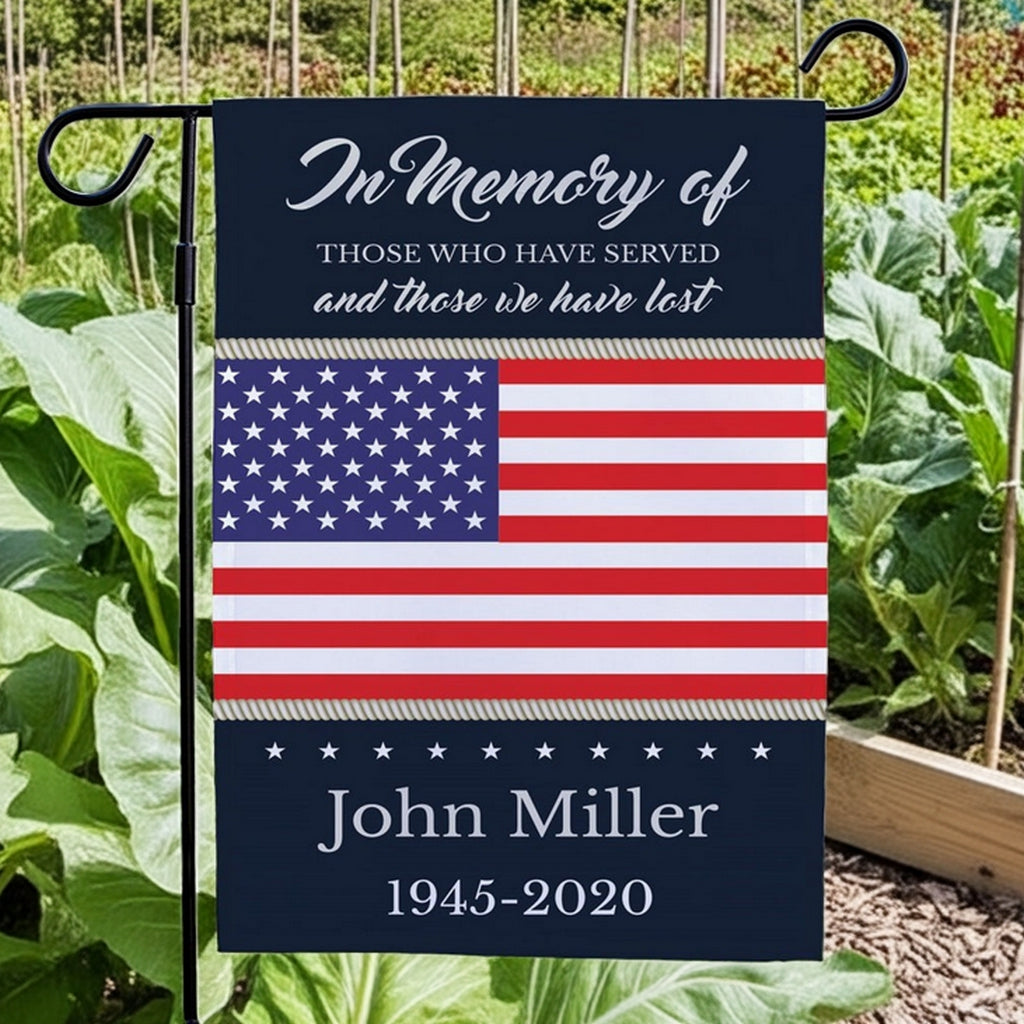 Patriotic personalized garden flag with American flag and memorial tribute text