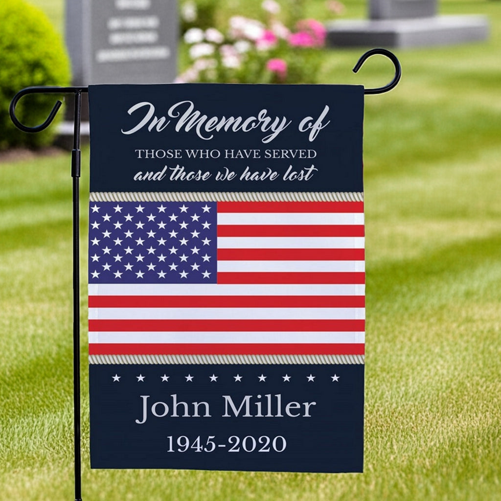 Patriotic personalized garden flag with American flag and memorial text with custom name and dates