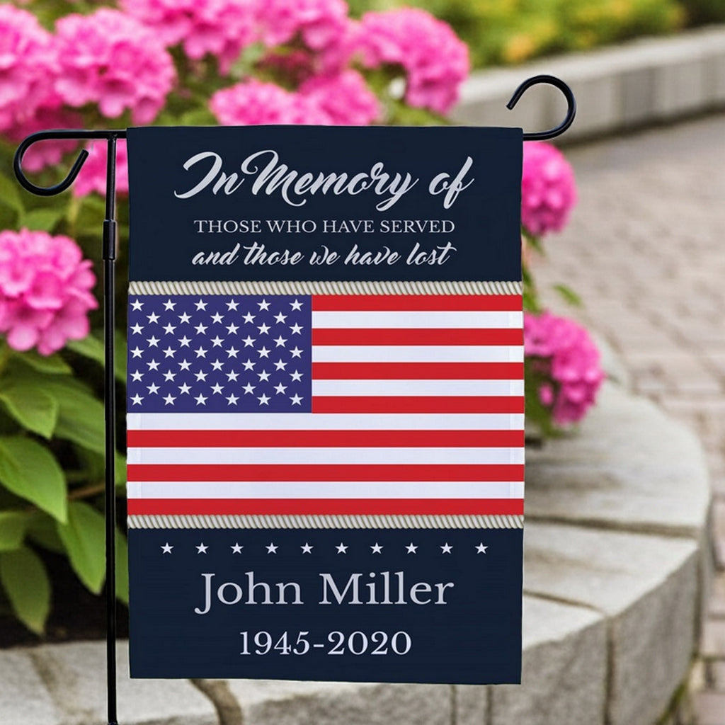Patriotic personalized garden flag with American flag and memorial text for John Miller