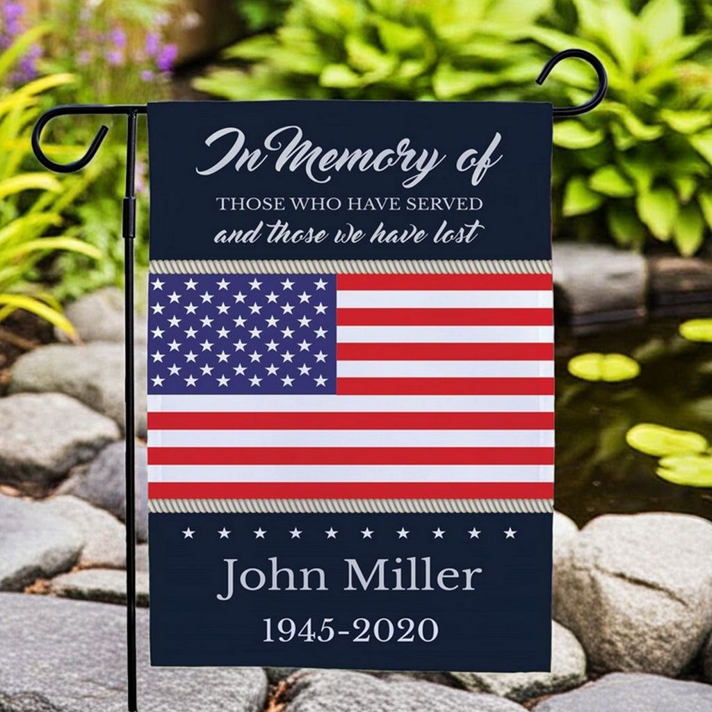 Patriotic personalized garden flag with American flag design and memorial text