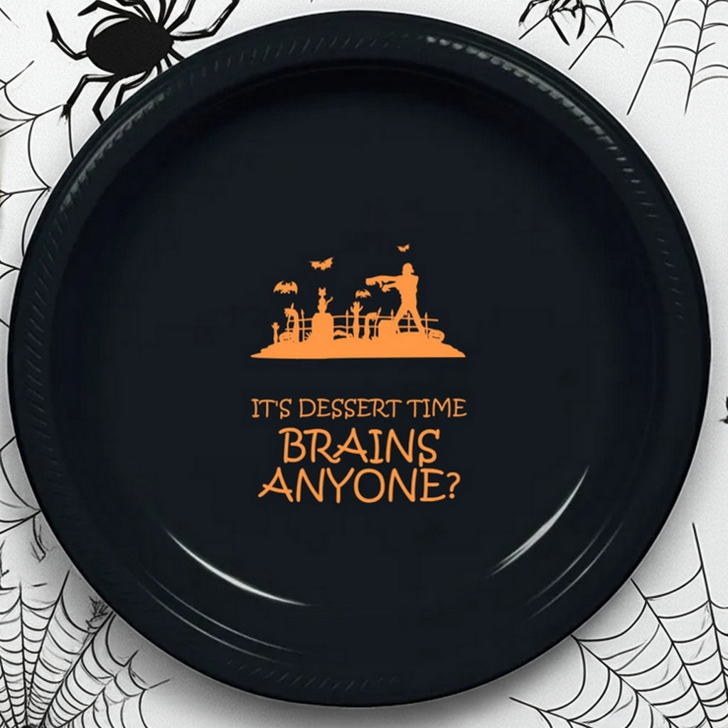 Black Halloween plate with orange zombie graveyard and dessert text personalized plastic Halloween appetizer and dessert plates