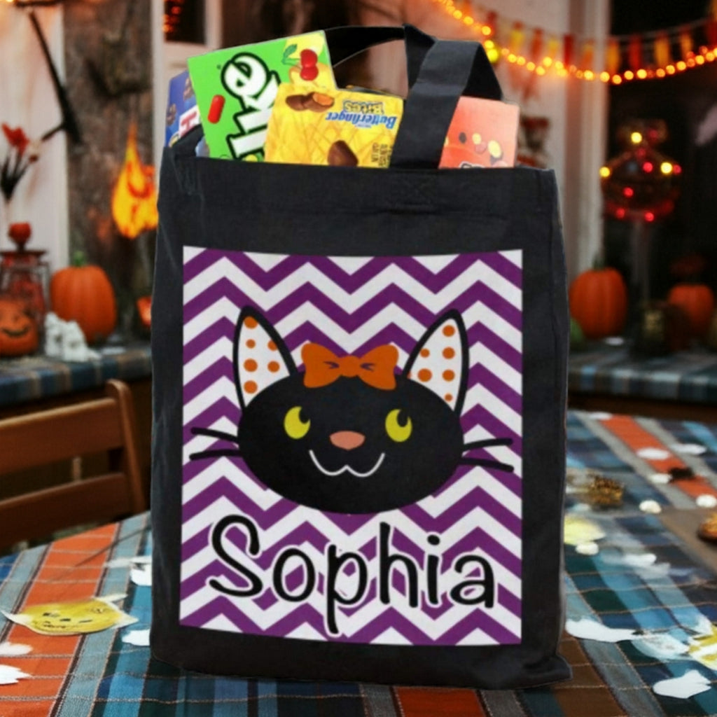 Black tote with purple chevron panel featuring a cat face and name Sophia girl black cat personalized trick or treat bag