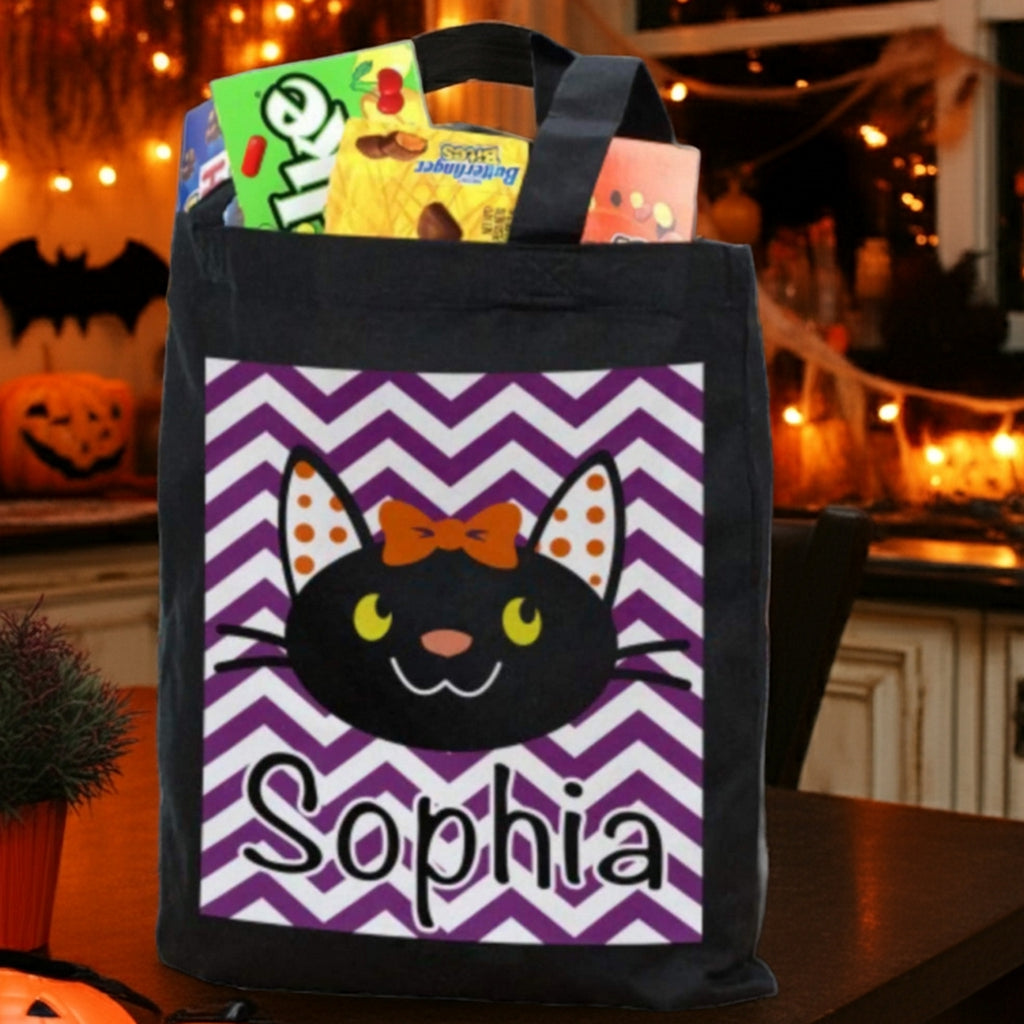 Girl black cat personalized trick or treat bag with purple chevron panel black cat face orange bow named Sophia