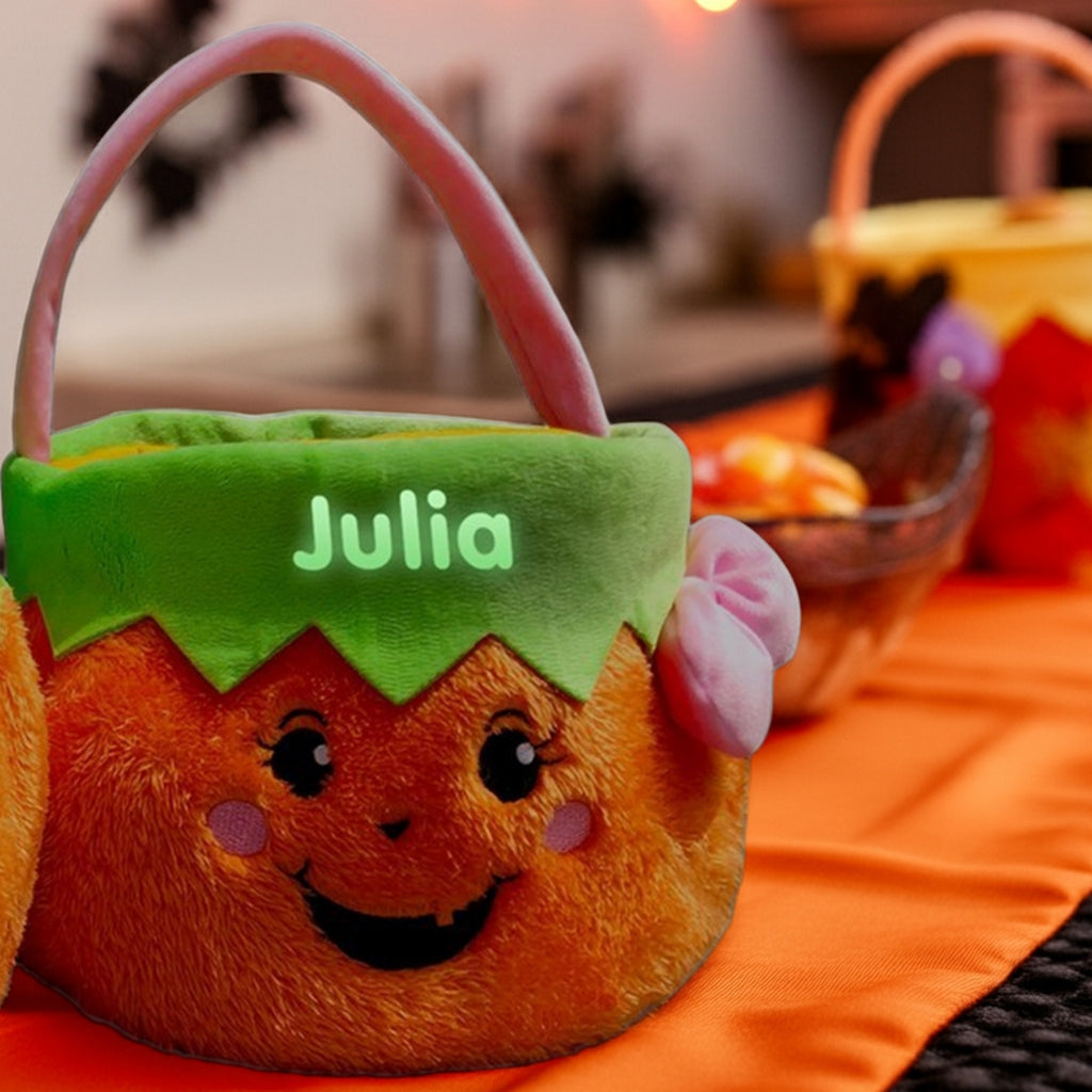 Glow in the dark personalized trick or treat basket with pumpkin face and name