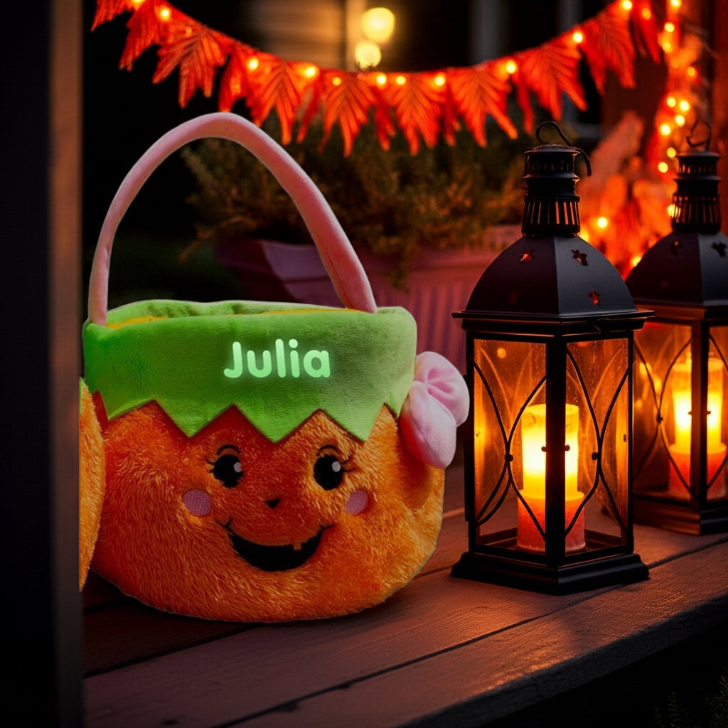 Glow in the dark personalized trick or treat basket with pumpkin design and the name Julia glowing