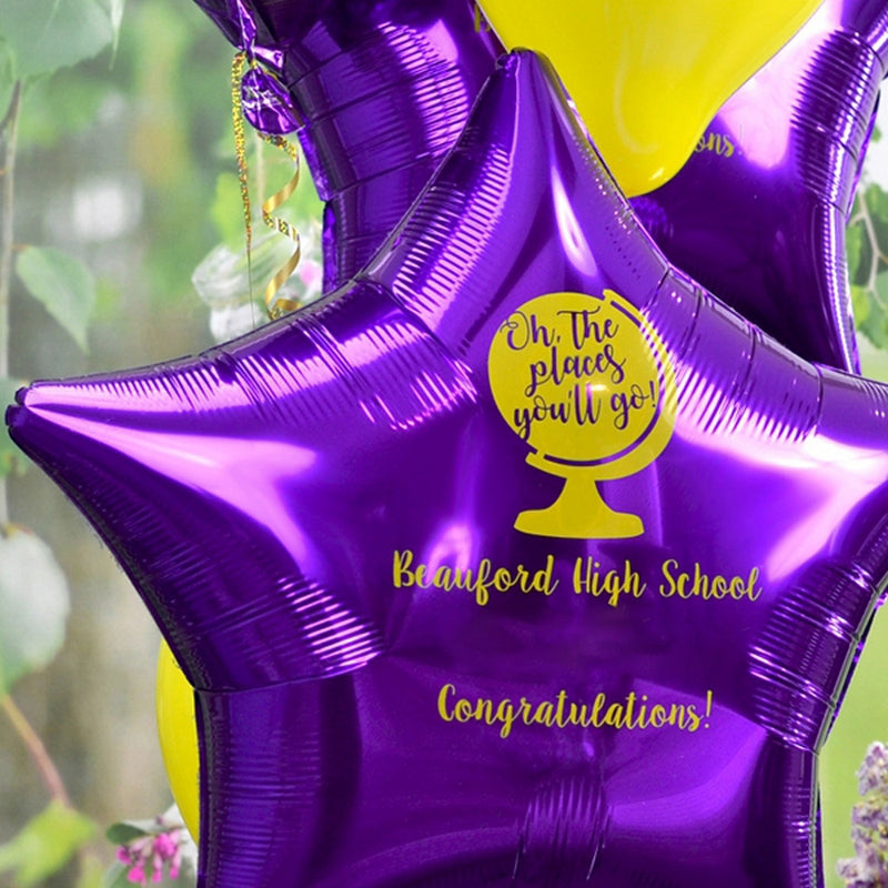 Metallic purple mylar star graduation balloons personalized with oh the places design and custom text in yellow print