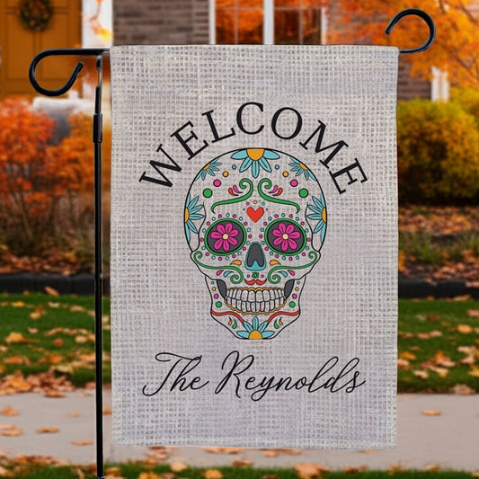 Halloween garden flag burlap style Welcome sugar skull design personalized The Reynolds