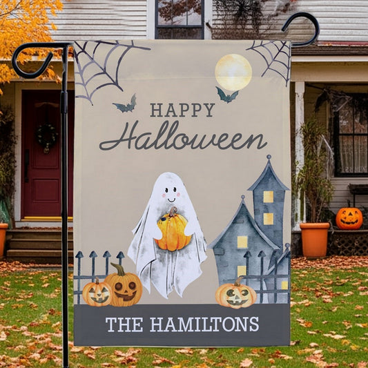 Halloween garden flag personalized with The Hamiltons ghost holding pumpkin jack o lanterns haunted house bats moon