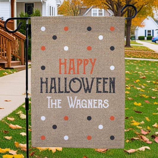 Halloween garden flag burlap style with polka dots and Happy Halloween The Wagners text
