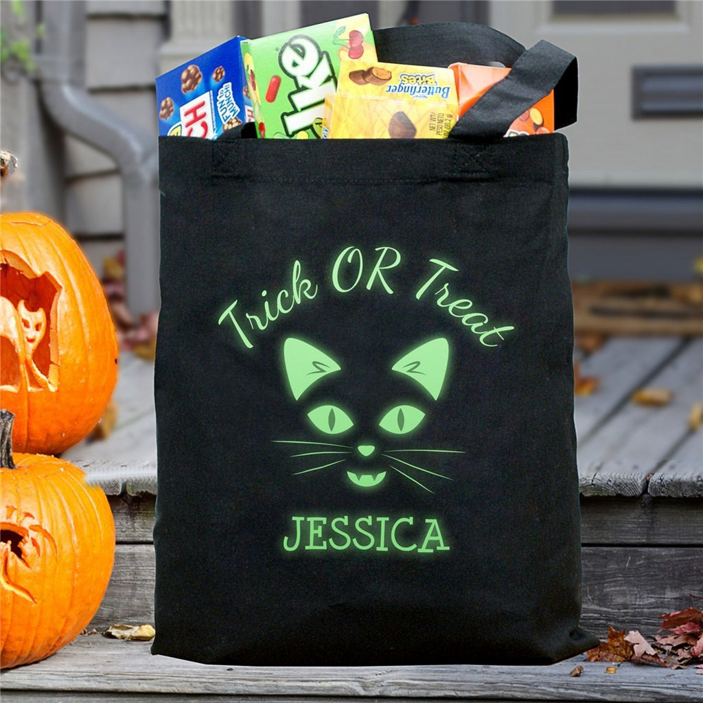 Glow in the dark cat personalized trick or treat bag black canvas tote with glowing cat face and name Jessica