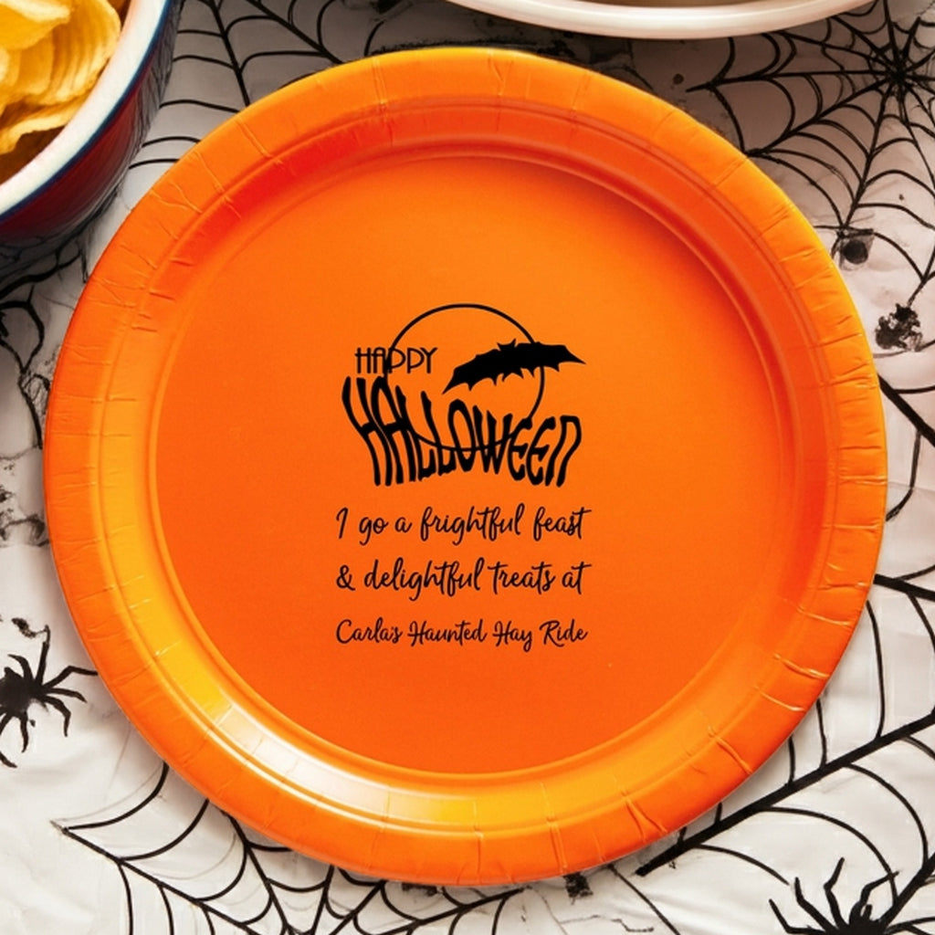 Orange paper plate with black bat Happy Halloween custom printed paper halloween appetizer and dessert Plates