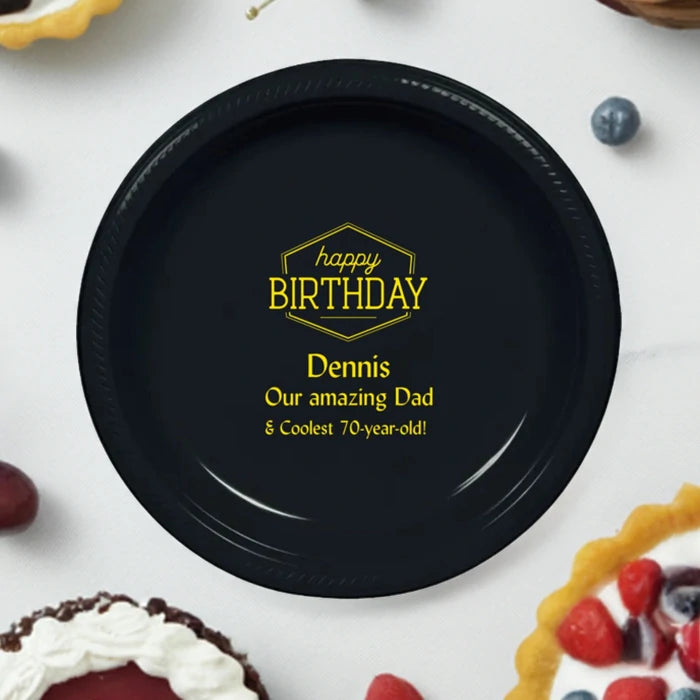 Black plastic birthday dessert plate personalized with happy birthday design and custom text in yellow print