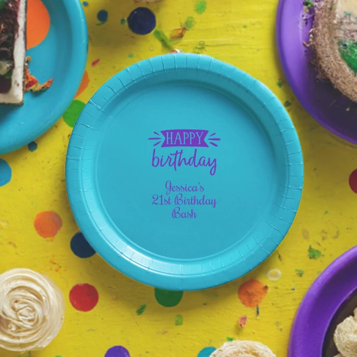 Caribbean blue paper birthday dessert plate personalized with Happy Birthday design and custom text in purple print