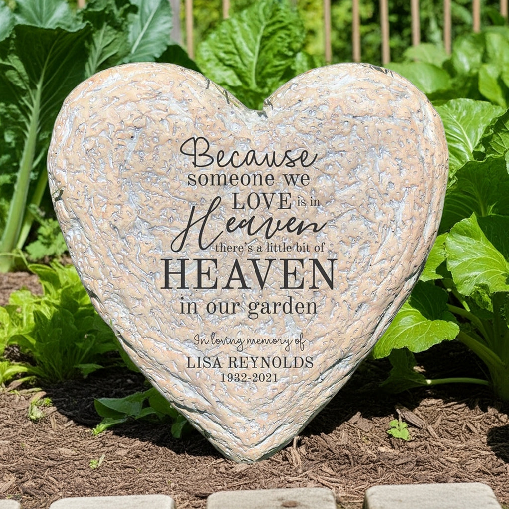 Heaven in our garden personalized heart memorial garden stone in a garden setting
