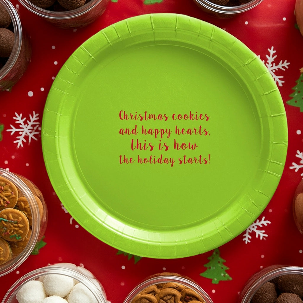 Bright green paper Christmas dinner plates with festive holiday message for seasonal celebrations