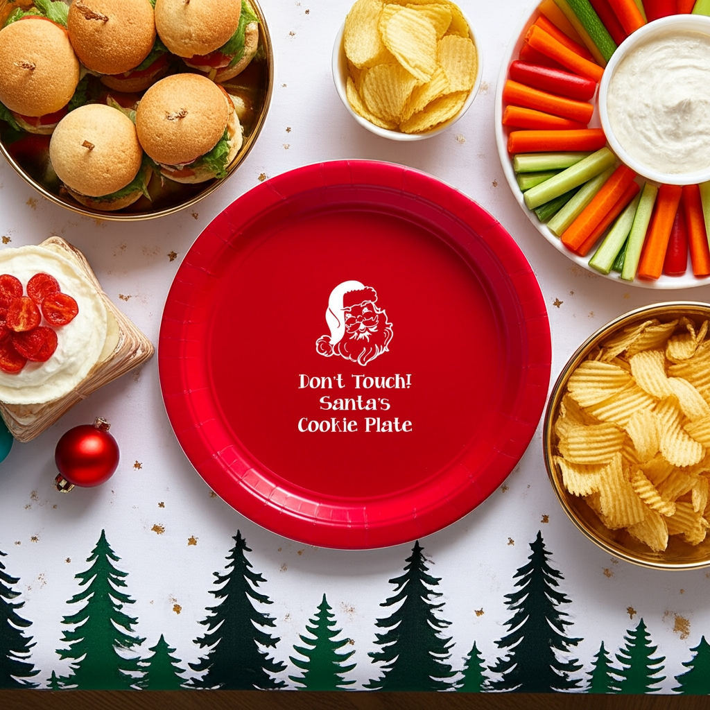 Tippytoad red paper Christmas plates with Santa design, perfect for holiday celebrations and festive gatherings