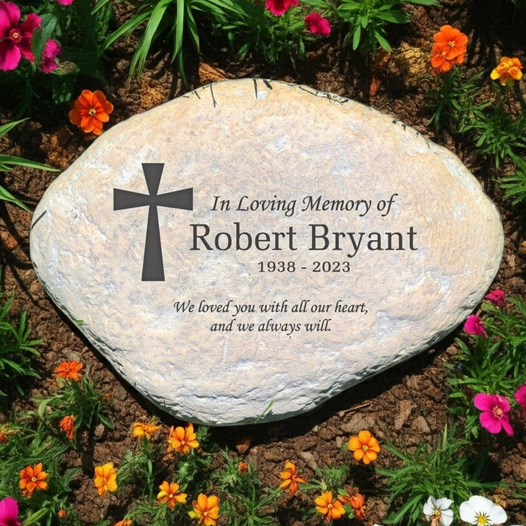 In loving memory cross personalized memorial garden stone with name and dates engraved