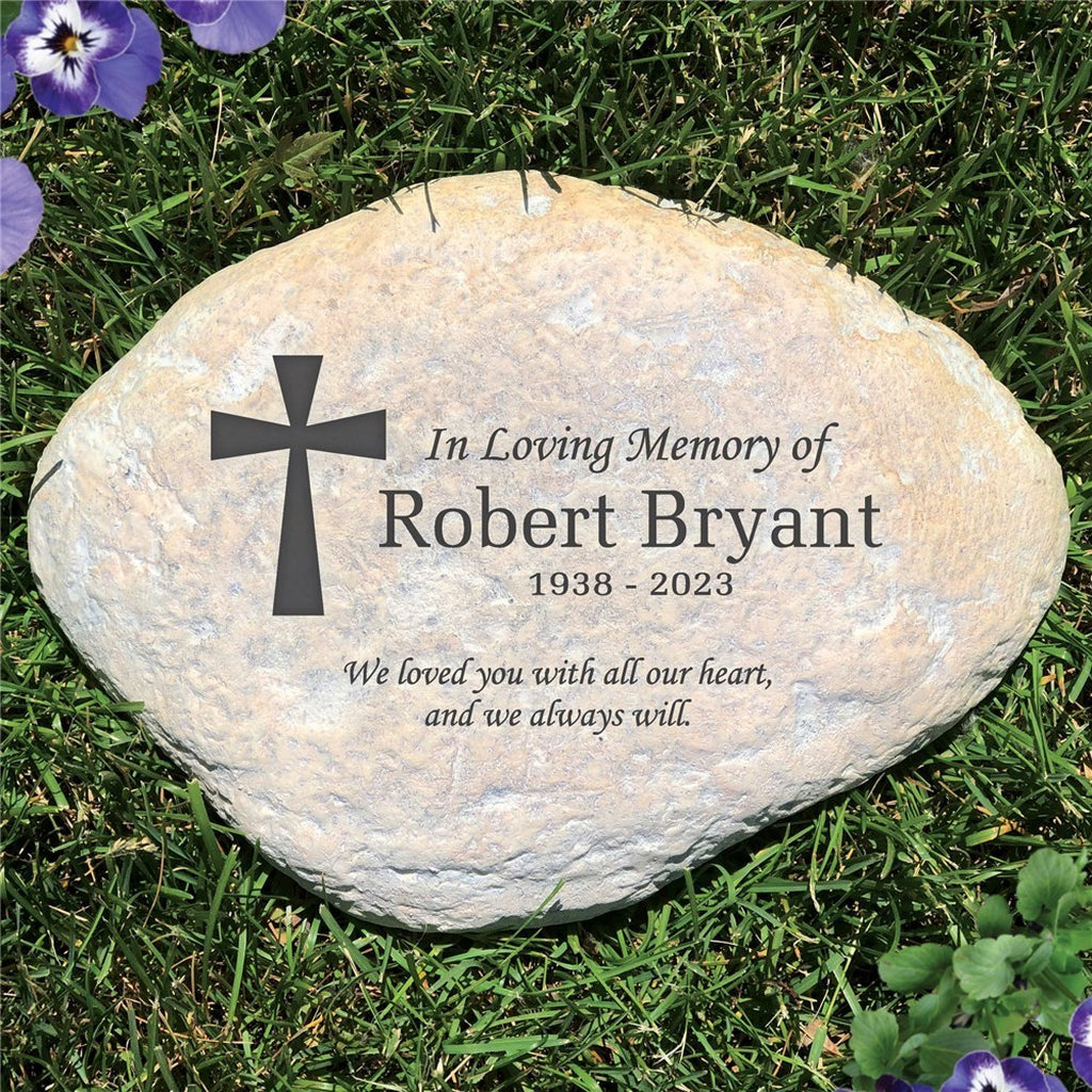 In loving memory cross personalized memorial garden stone with engraved name and dates