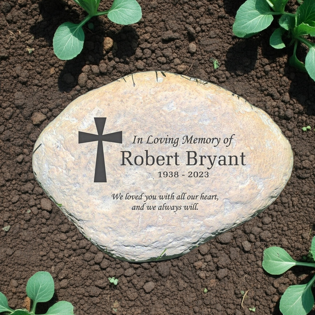 In loving memory cross personalized memorial garden stone with engraved name and dates on natural stone