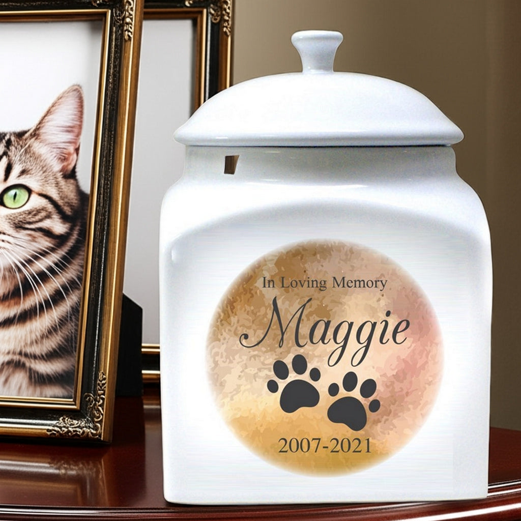 White ceramic in loving memory personalized pet urn with paw prints and name Maggie for 2007 to 2021